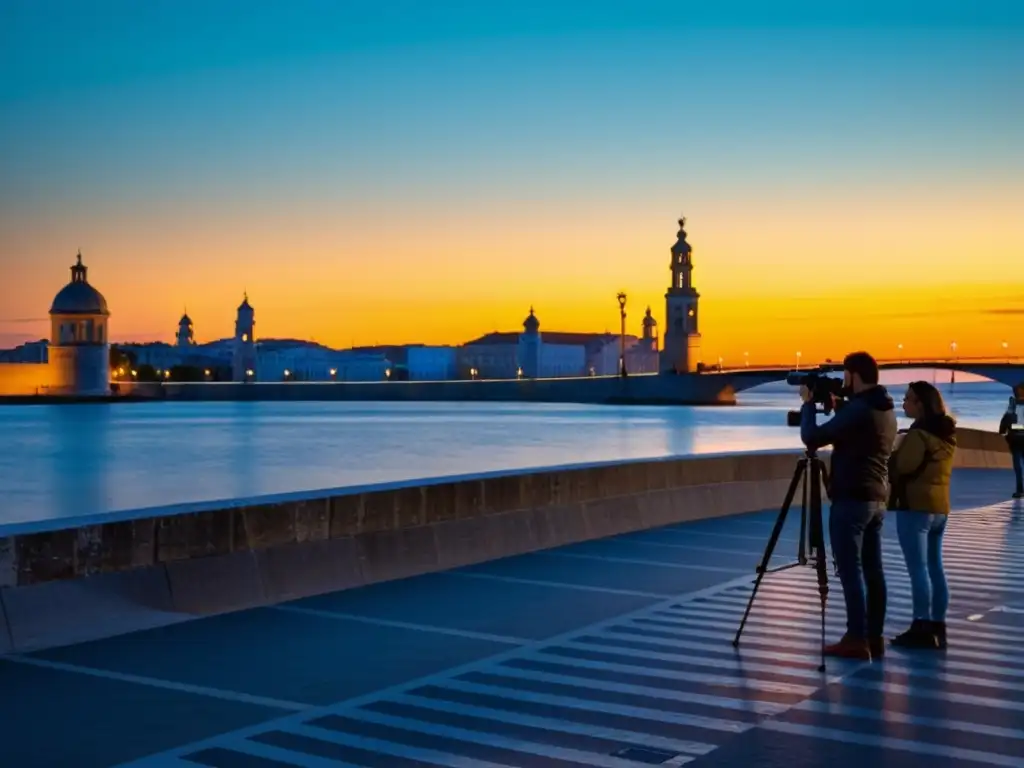 Fotógrafos preparando la toma perfecta en el Puente de la Constitución al amanecer en Cádiz, España