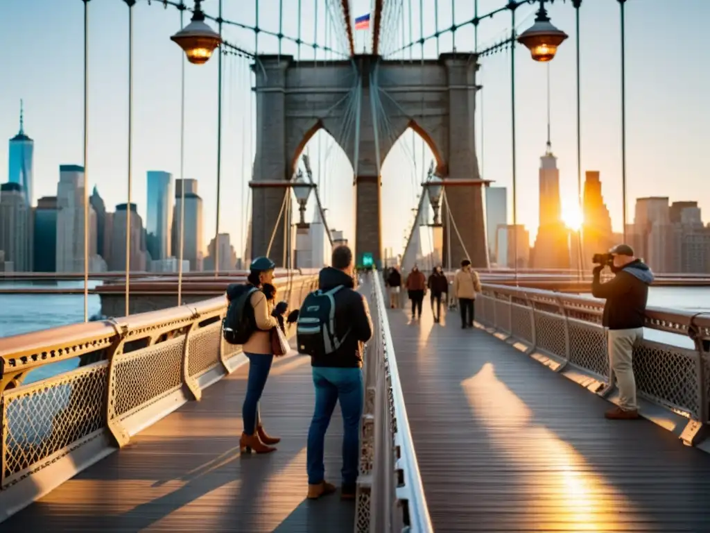 Fotógrafos ajustando trípodes en el atardecer de la icónica Brooklyn Bridge, capturando la esencia de la ciudad de Nueva York