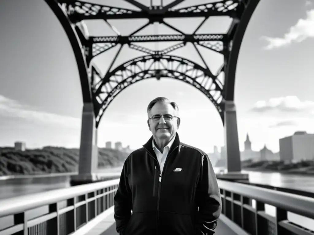 Ralph Modjeski frente a su icónico diseño de puente, reflejando su impacto cultural en el diseño de puentes y su legado duradero