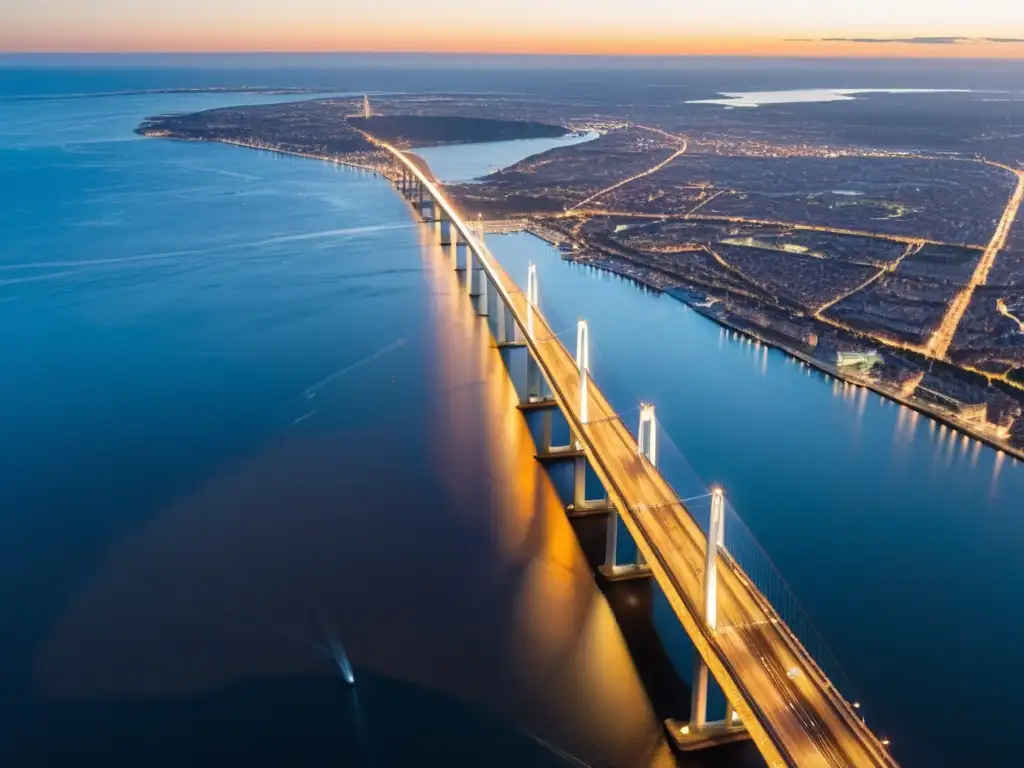 El puente Øresund impacta con su fusión de modernidad y belleza natural al atardecer, conectando Malmö y Copenhague