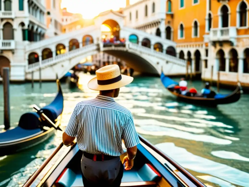 El gondolero navega con elegancia bajo el Puente Rialto en Venecia, creando una escena única, llena de vida y tradición