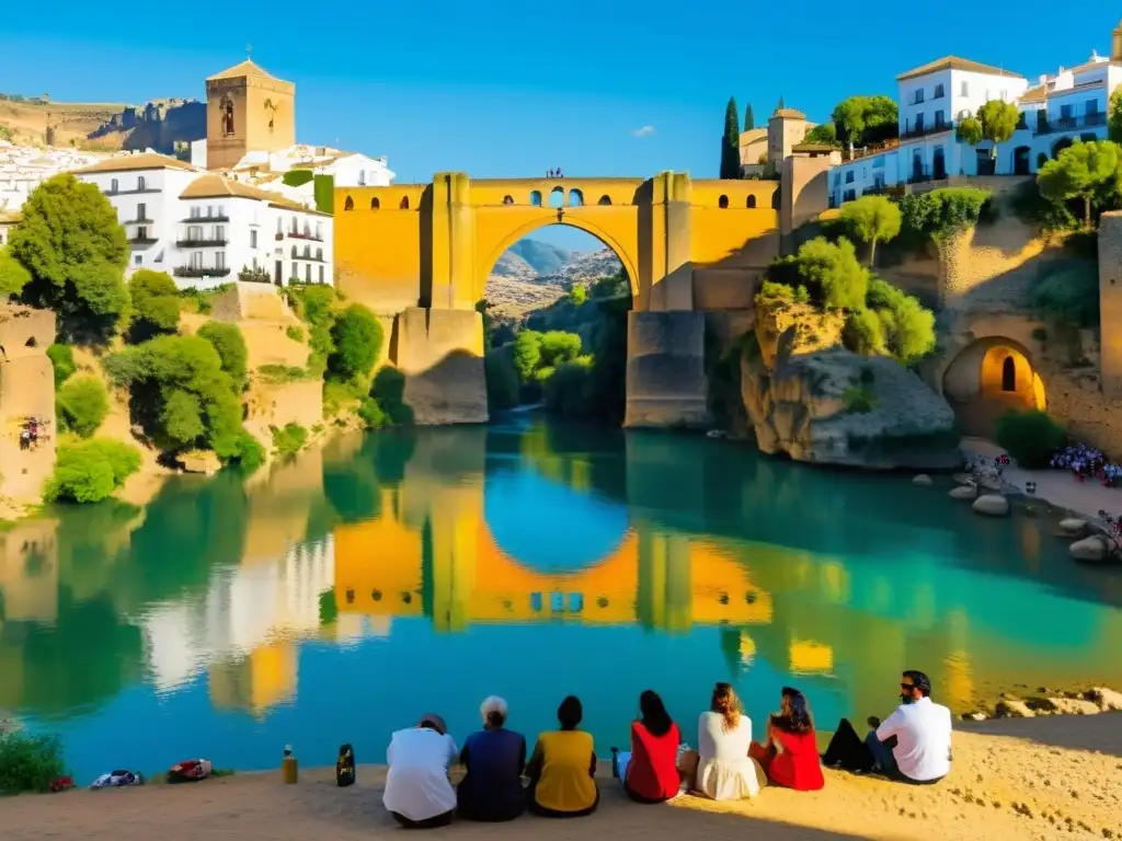 Un grupo de artistas pintando junto al Puente Nuevo en Ronda, mientras la luz dorada del atardecer ilumina sus paletas de colores