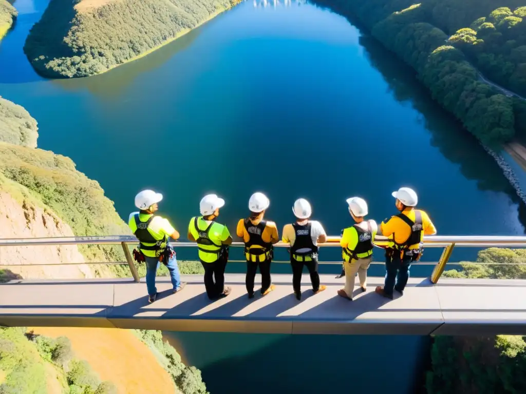 Grupo de aventureros con arneses y cascos en el Puente Nueva Gales, listos para el salto bungee