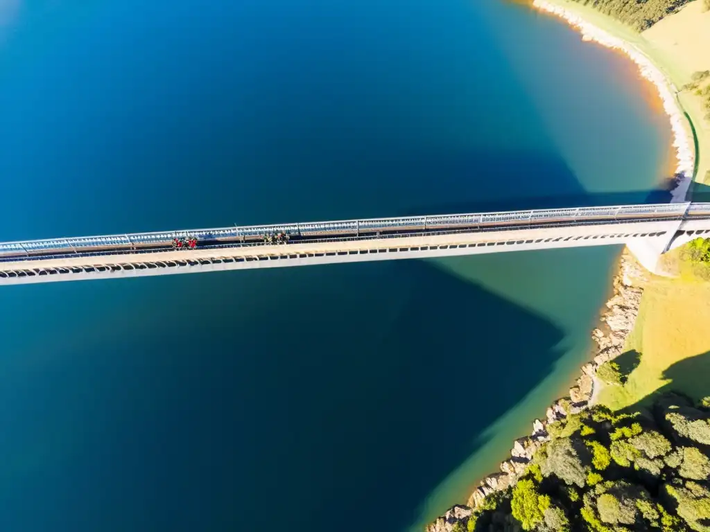 Grupo de aventureros en arneses, a punto de hacer salto bungee desde Puente Nueva Gales