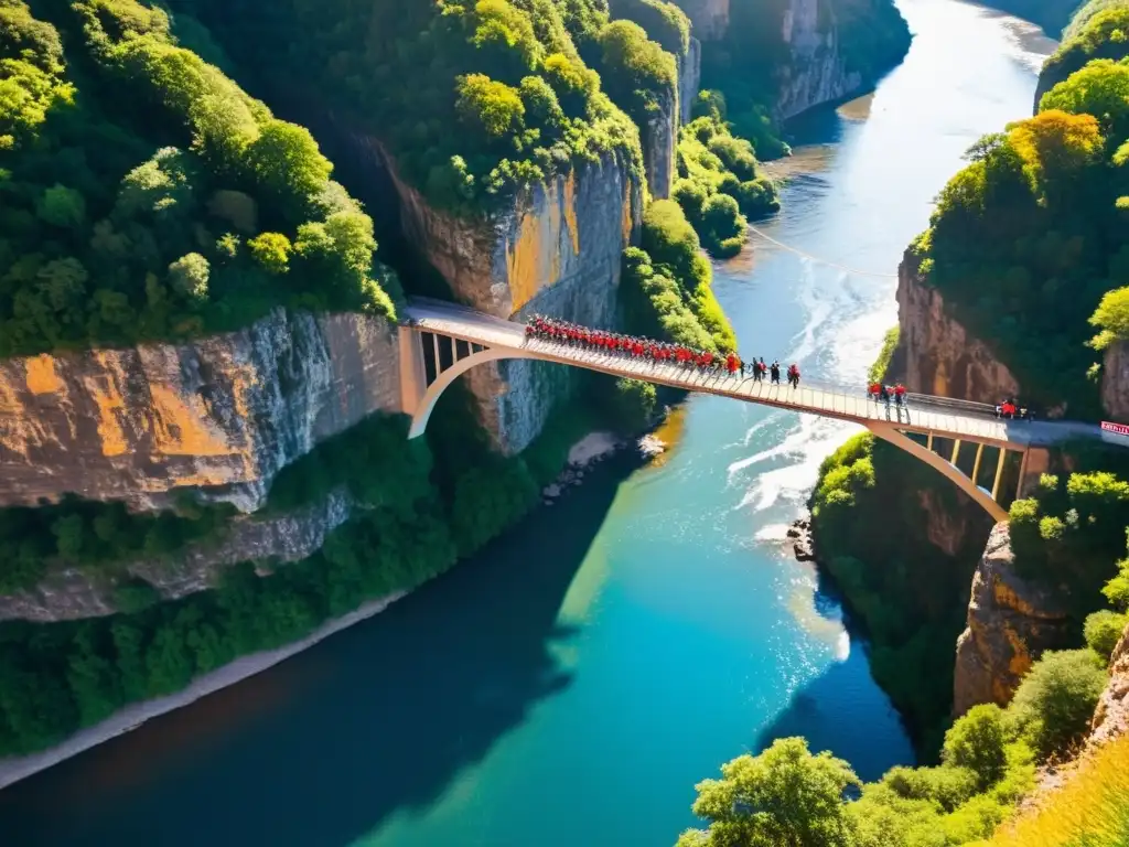 Un grupo de aventureros listos para el bungee jumping extremo en un puente imponente, con paisaje salvaje y emociones encontradas