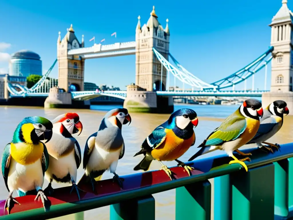 Un grupo colorido y diverso de aves en vuelo sobre el Puente de la Torre de Londres, mostrando la protección de la fauna urbana