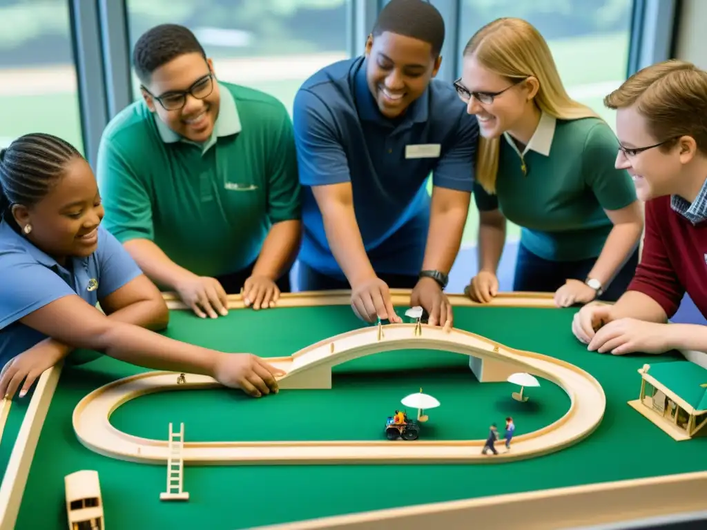 Inclusión en educación: estudiantes y ingenieros construyen puentes Un grupo diverso de estudiantes colabora en actividades prácticas de ingeniería con accesibilidad