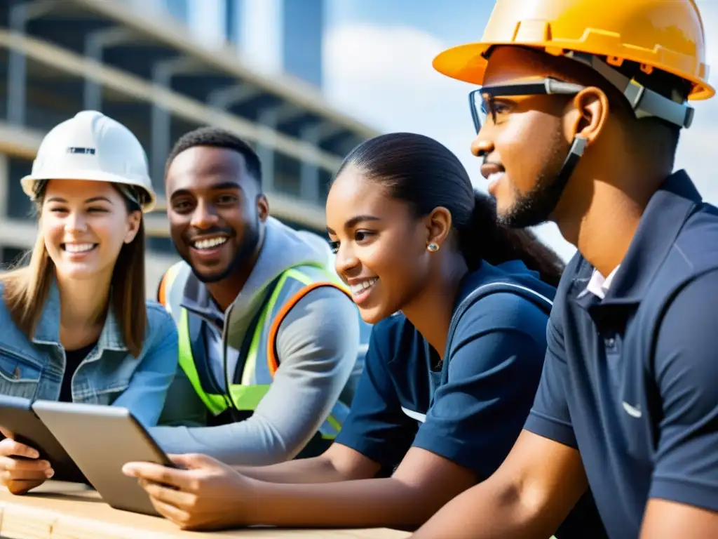 Un grupo diverso de estudiantes se enfoca y colabora en la construcción de puentes utilizando plataformas digitales para acceder a recursos educativos