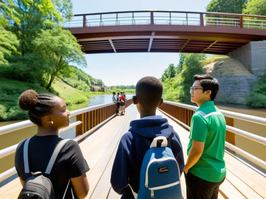 Clase magistral sobre puentes: educación y comunidad Un grupo diverso de estudiantes y un instructor atento se reúnen alrededor de un puente, participando en programas de educación sobre puentes