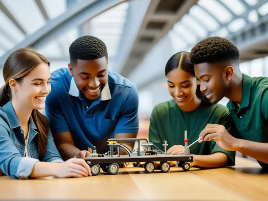 Innovación en ingeniería: estudiantes colaborando en diseño de puente Grupo diverso de estudiantes de ingeniería trabajando juntos en un emocionante proyecto de diseño de puentes