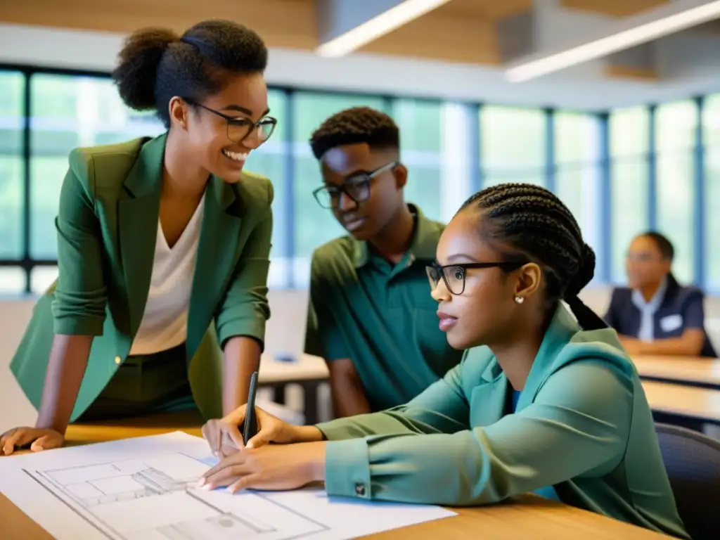 Innovación inclusiva: estudiantes de ingeniería diseñando puentes Grupo diverso de estudiantes de ingeniería colaborando en un proyecto de diseño de puentes en un aula moderna
