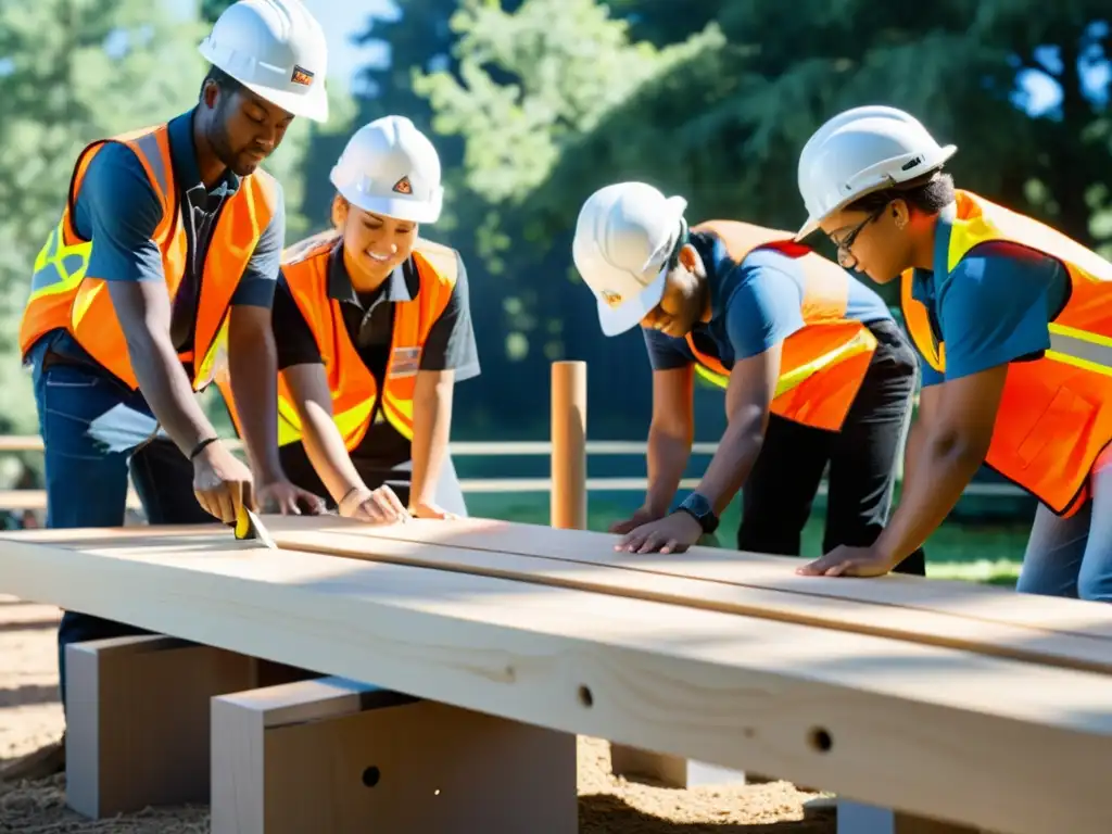 Un grupo diverso de estudiantes construye un puente con materiales de construcción mientras trabajan en equipo