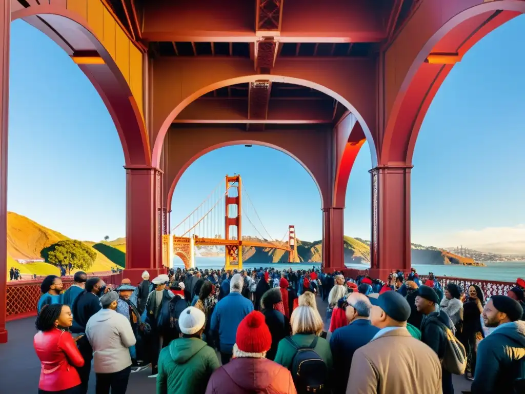 Grupo diverso admira exposiciones de arte Puente Golden Gate, enriqueciendo la cultura de San Francisco