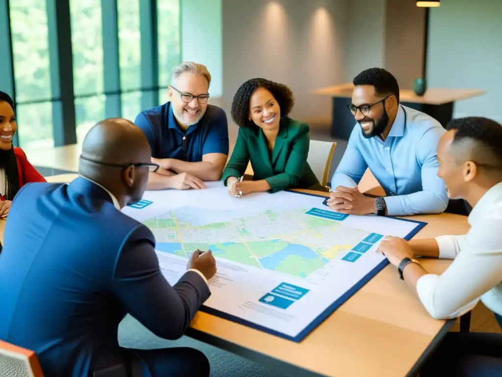 Innovación educativa global: colaboración inclusiva Un grupo diverso de ingenieros y educadores colabora en programas de educación sobre puentes en una sala de conferencias moderna