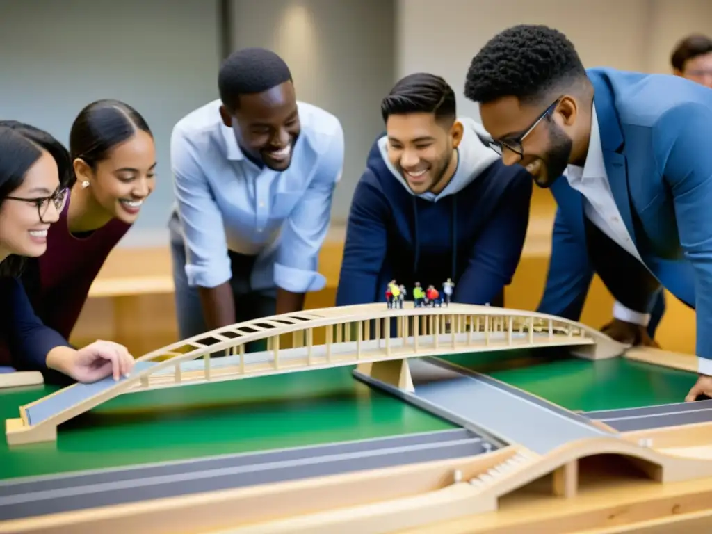 Diversidad y colaboración en educación de ingeniería Un grupo diverso de ingenieros y estudiantes colaboran en un programa educativo sobre puentes