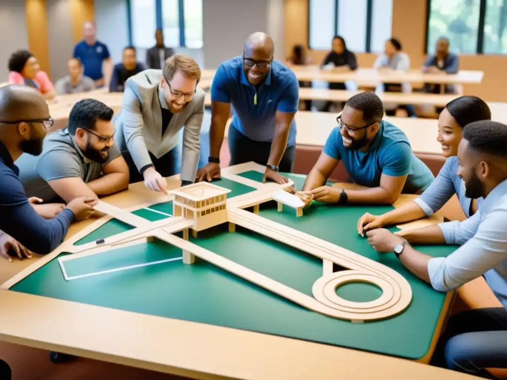 Grupo diverso participa en gamificación en diseño de puentes, colaborando en mesa con herramientas digitales y maquetas