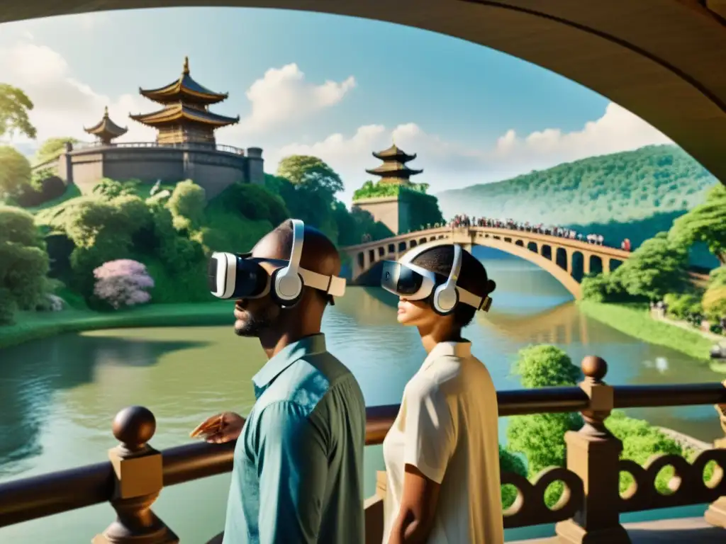 Un grupo diverso disfruta de un viaje virtual por puentes históricos en un entorno natural y cálido