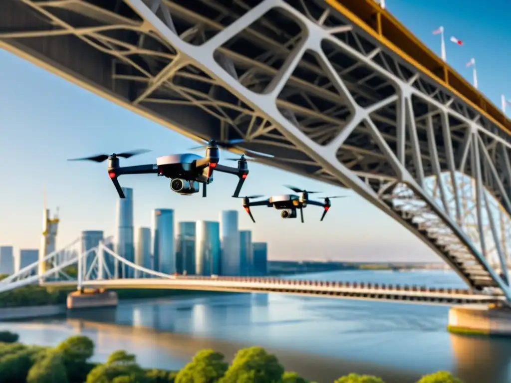 Grupo de drones capturando datos para mantenimiento inteligente de puentes, en contraste con la arquitectura impresionante del puente