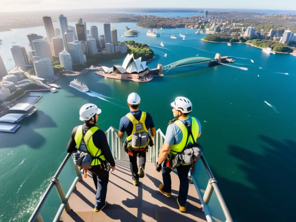 Un grupo de escaladores desafían la altura del Puente de la Bahía de Sídney, con la ciudad de fondo