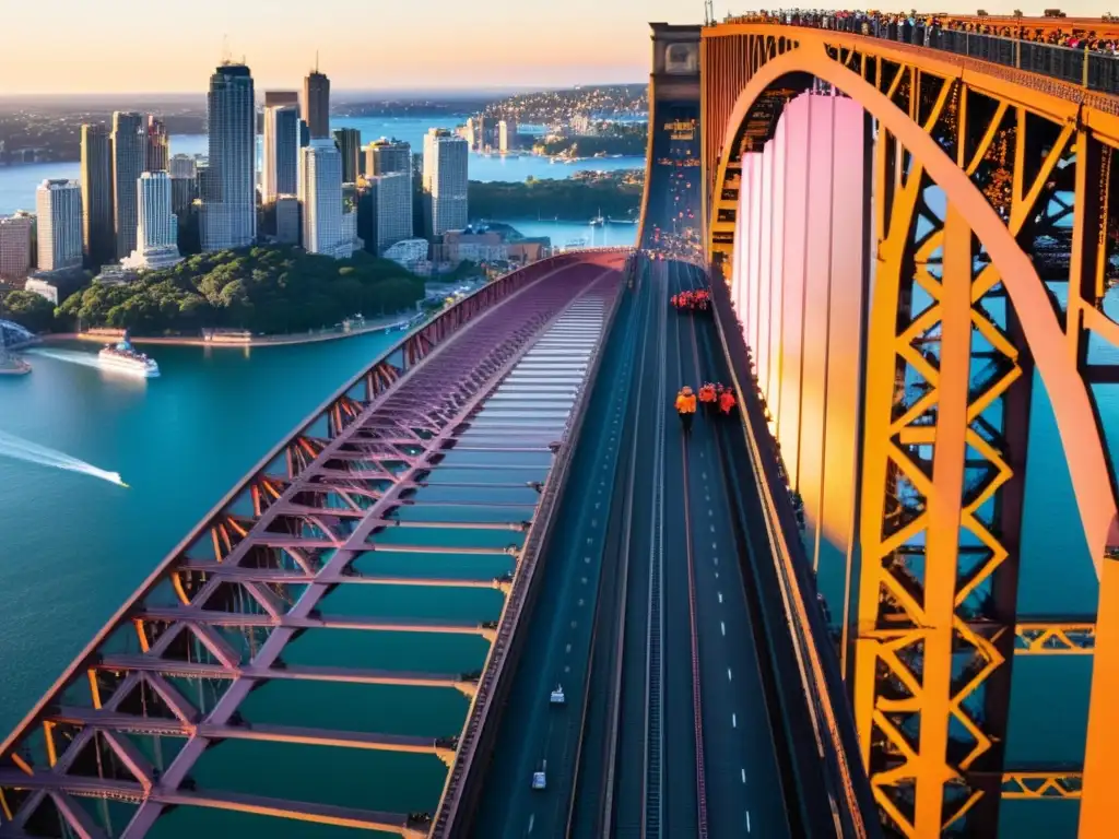 Un grupo de escaladores conquista el Puente de la Bahía de Sídney al atardecer, desafiando las alturas con el horizonte de la ciudad de fondo