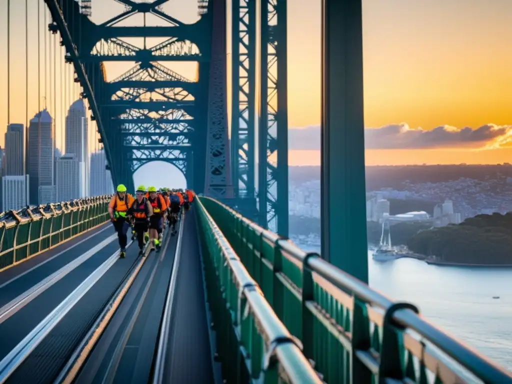 Un grupo de escaladores experimentados ascendiendo el icónico Puente de la Bahía de Sídney al atardecer, con el horizonte urbano de la ciudad de fondo