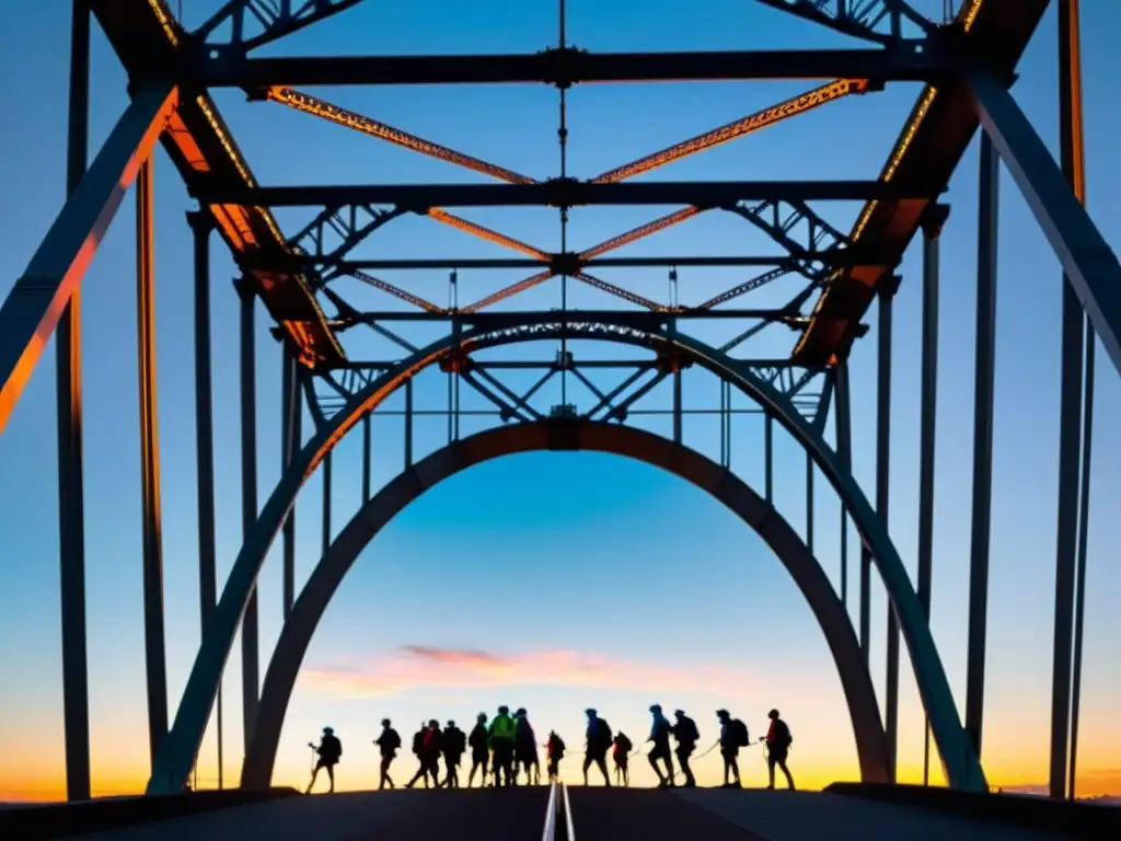 Grupo de escaladores experimentados conquistando el Puente de la Bahía de Sídney al atardecer, con la ciudad de fondo