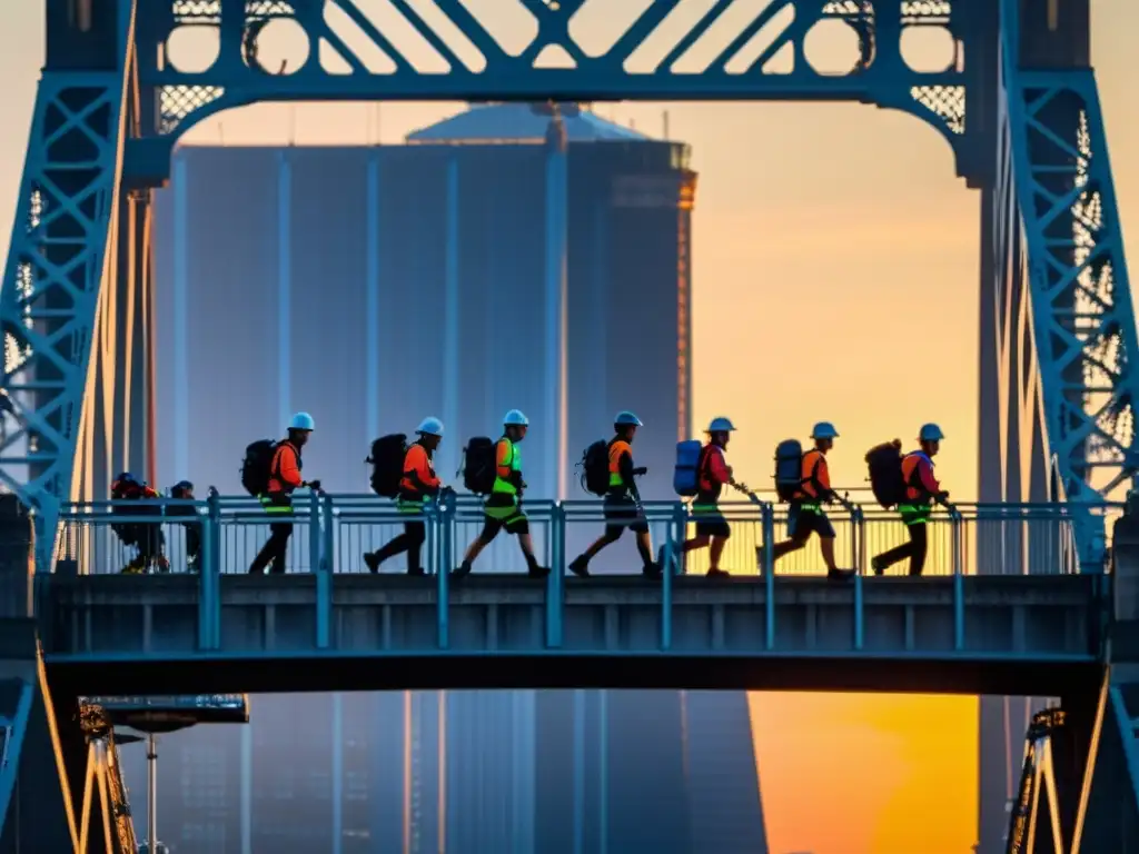 Grupo de escaladores ascendiendo el icónico Puente de la Bahía de Sídney al atardecer, transmitiendo aventura y belleza urbana y natural