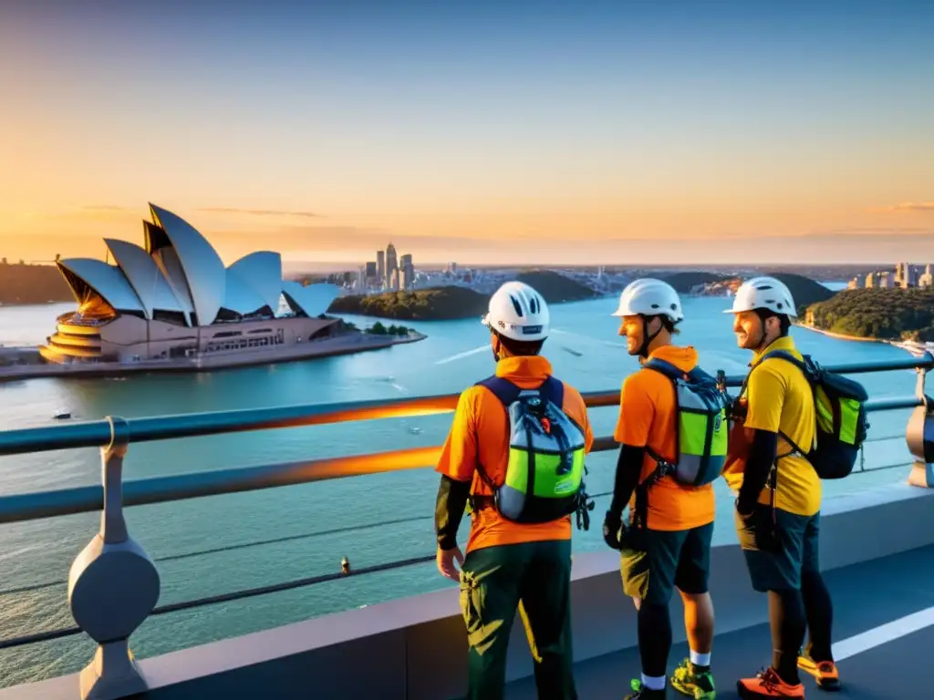 Un grupo de escaladores se prepara para ascender el icónico Puente de la Bahía de Sídney al atardecer, creando un ambiente de aventura y emoción