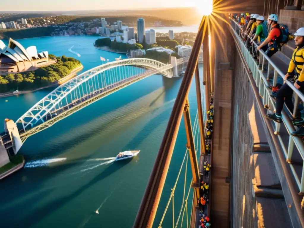 Grupo de escaladores conquistando el Puente de la Bahía de Sídney al atardecer, irradiando una sensación de aventura y logro