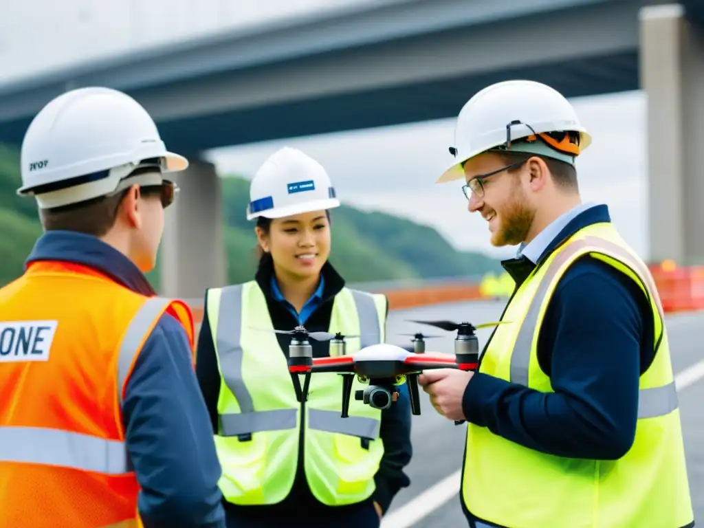 Un grupo de estudiantes de ingeniería, con cascos y chalecos reflectantes, se reúnen alrededor de un operador de dron para inspeccionar un puente