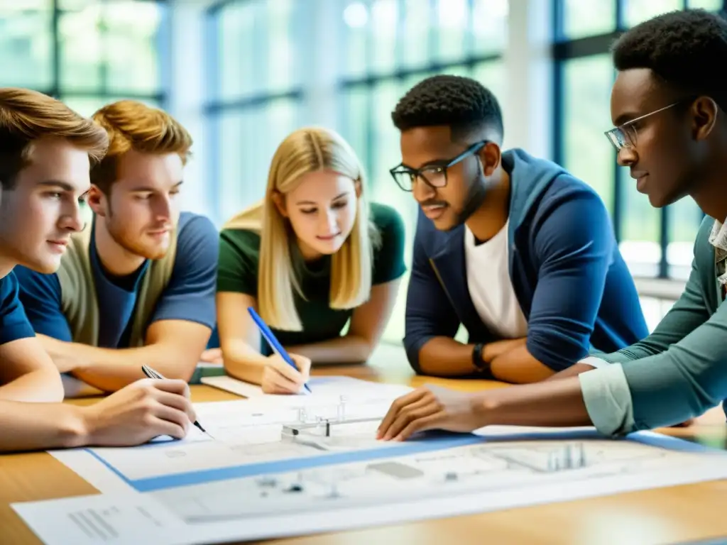 Grupo de estudiantes de ingeniería colaborando en diseño de puentes en aula universitaria moderna con software educativo