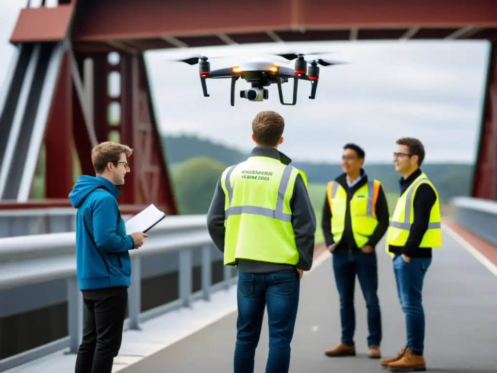 Un grupo de estudiantes de ingeniería observa atentamente un dron que inspecciona un puente