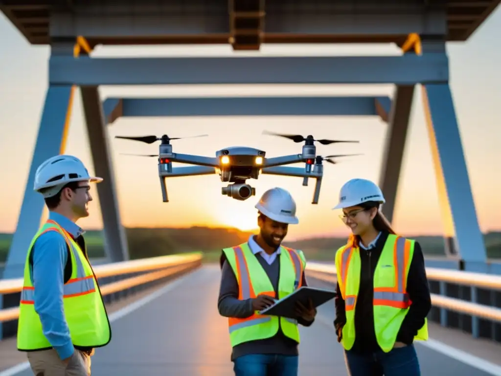 Un grupo de estudiantes de ingeniería inspecciona detalladamente un puente al atardecer con un dron