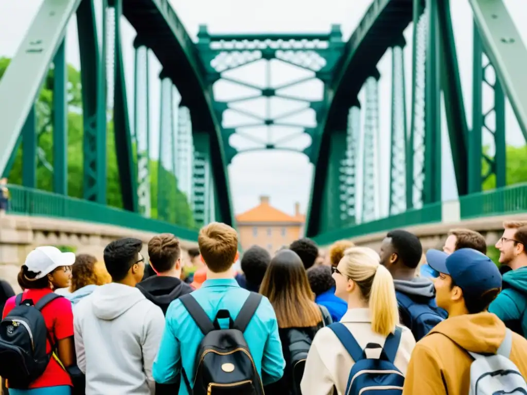 Un grupo de estudiantes escucha atentamente a un guía turístico mientras aprenden sobre puentes icónicos del mundo en un puente histórico