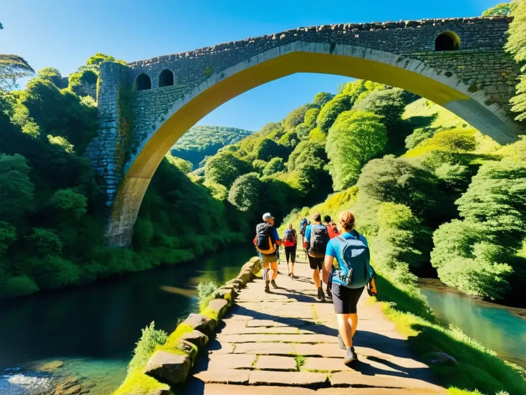 Un grupo de excursionistas atraviesa el antiguo puente de Tamar, rodeados de exuberante vegetación y un río tranquilo