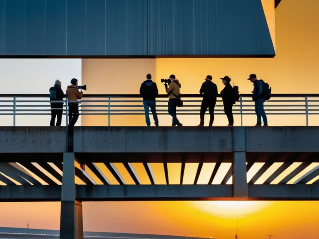 Un grupo de fotógrafos capturando la belleza arquitectónica de un puente al atardecer