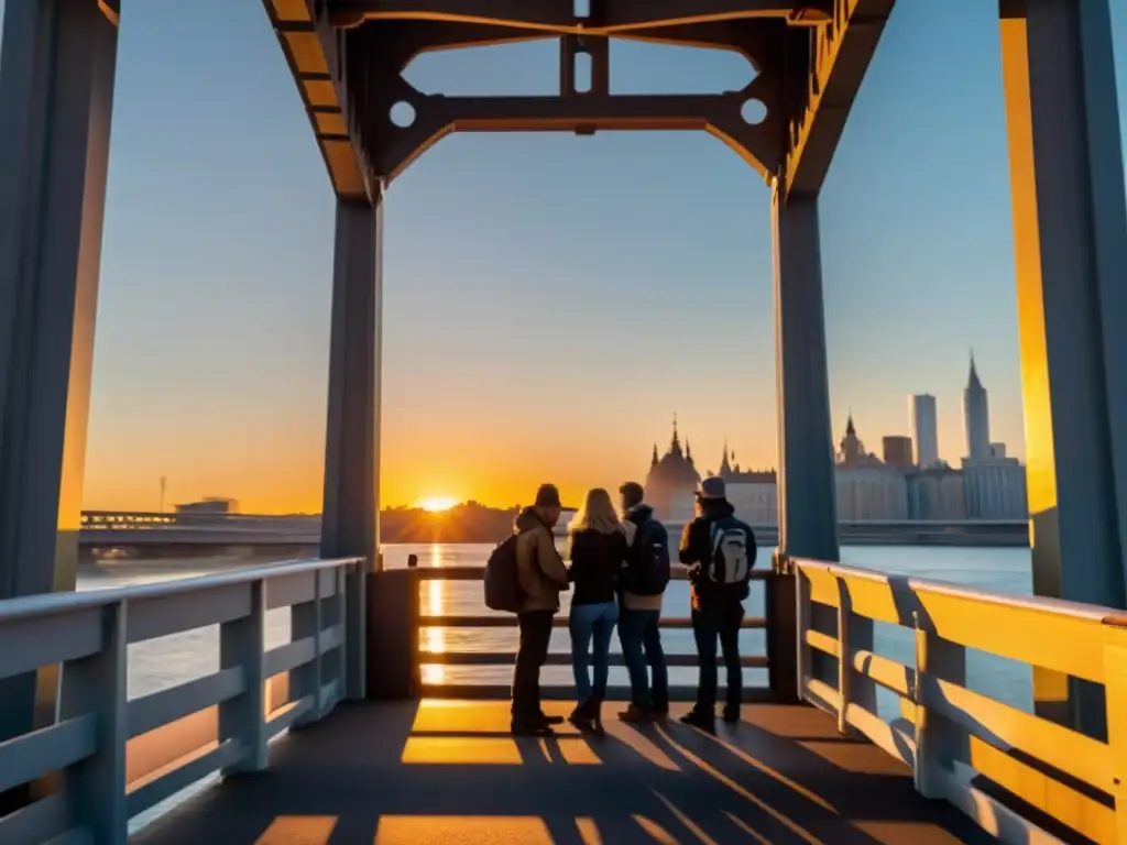 Un grupo de fotógrafos impresoras portátiles fotógrafos puentes itinerantes, capturando la arquitectura majestuosa y detalles del puente al atardecer