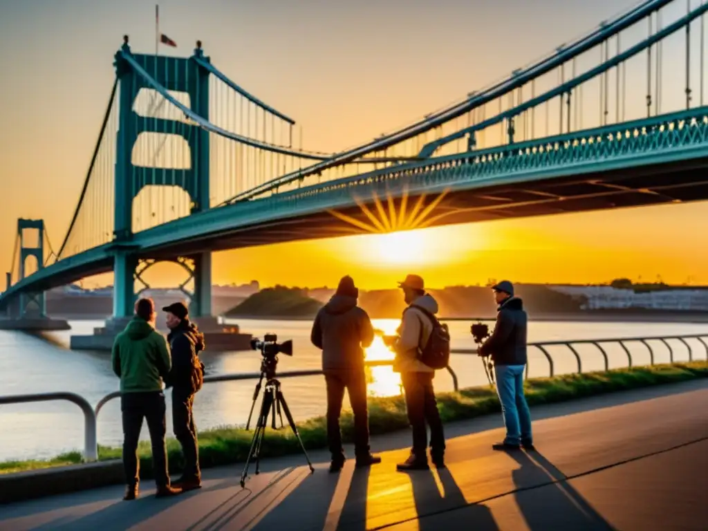 Un grupo de fotógrafos itinerantes capturan la majestuosidad de un puente al atardecer, con impresoras portátiles listas para imprimir sus obras