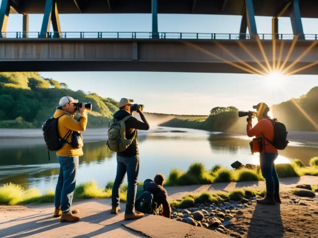 Un grupo de fotógrafos con ropa para fotógrafos de puentes capturando la majestuosidad de un puente en un día soleado