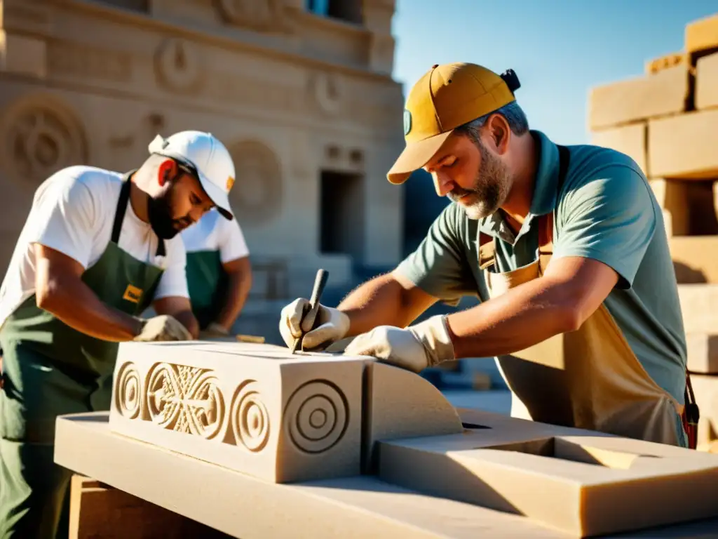 Grupo de hábiles canteros tallando piedra con técnicas modernas de construcción, fusionando tradición y modernidad bajo el cálido sol