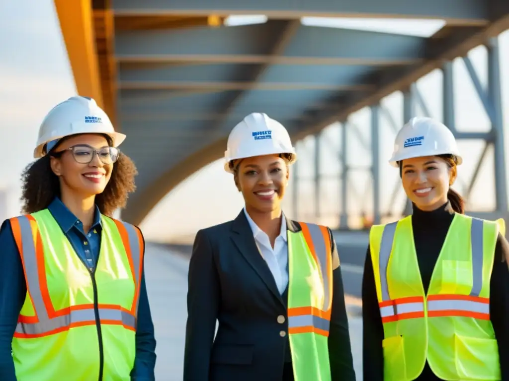 Un grupo de ingenieras diversas posan con orgullo frente a un puente recién construido, destacando el empoderamiento femenino en el diseño de puentes