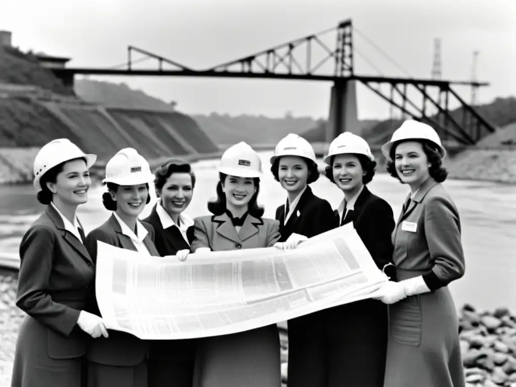 Un grupo de ingenieras posa orgullosamente frente a un puente recién construido en los años 50