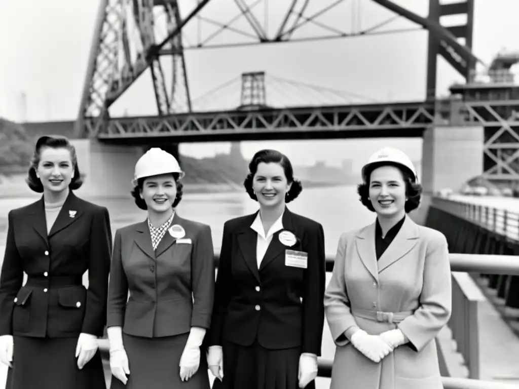 Un grupo de ingenieras posa orgullosamente frente a un puente que diseñaron en la década de 1950