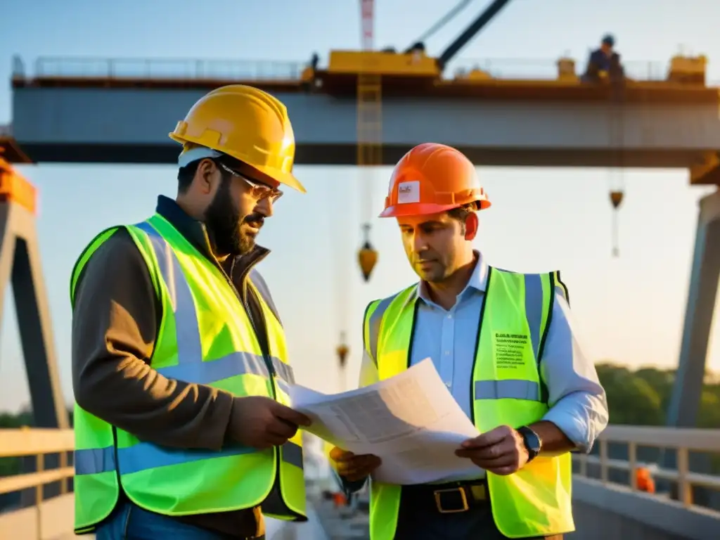 Un grupo de ingenieros civiles con preparación intensiva en puentes, examinando planos en un puente en construcción al atardecer