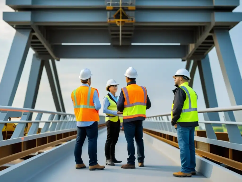 Grupo de ingenieros en inspección intensiva de un puente, mostrando preparación intensiva ingenieros puentes y atención al detalle