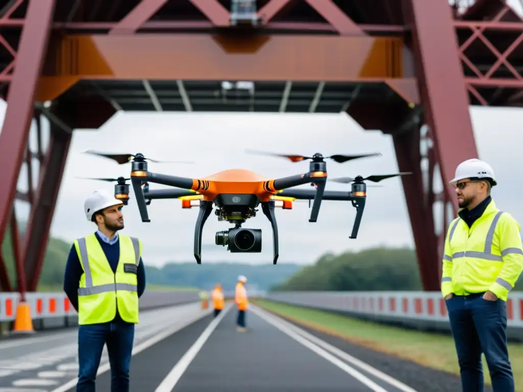 Un grupo de ingenieros y inspectores utilizan drones para inspección de puentes