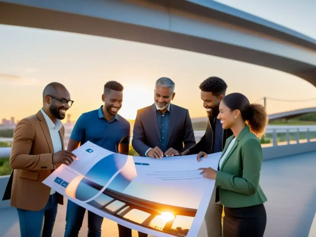 Un grupo de ingenieros y miembros de la comunidad discuten un diseño de puente futurista, con la gamificación como enfoque