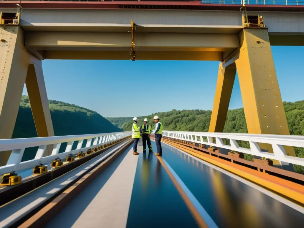 Un grupo de ingenieros realiza una preparación intensiva en la inspección meticulosa de un puente complejo, mostrando precisión y dedicación