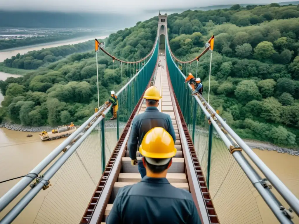 Un grupo de ingenieros y trabajadores de la construcción en plena ejecución de un diseño avanzado de puentes colgantes