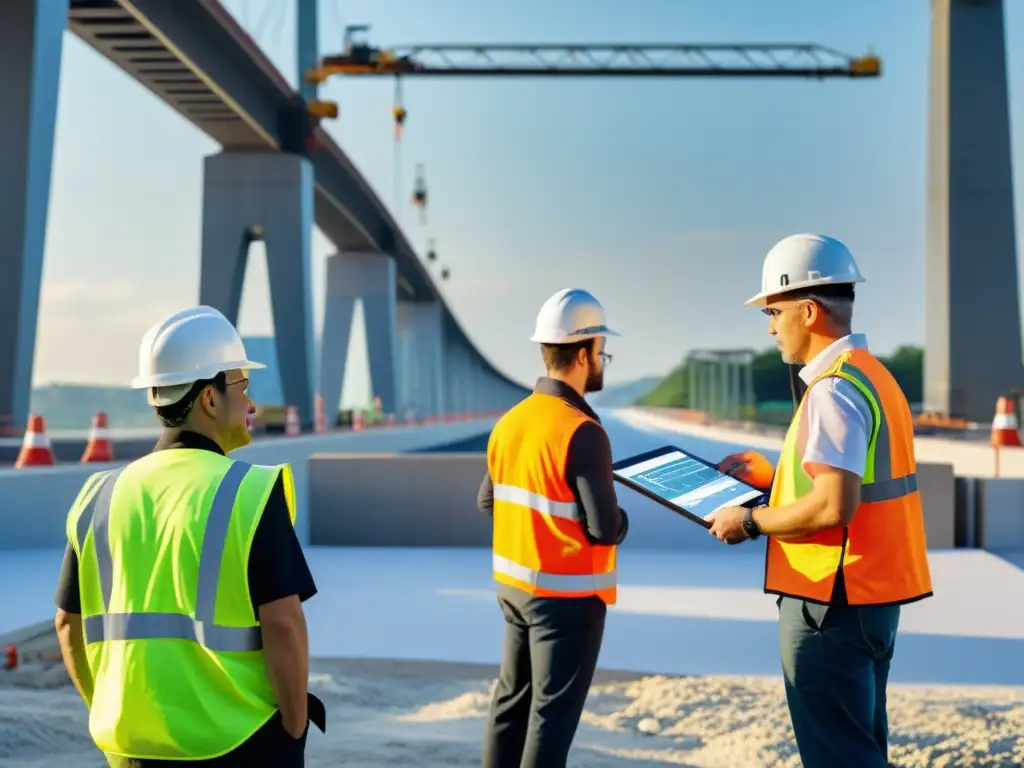 Grupo de ingenieros y trabajadores colaborando en el diseño y construcción de un puente moderno, utilizando plataformas digitales